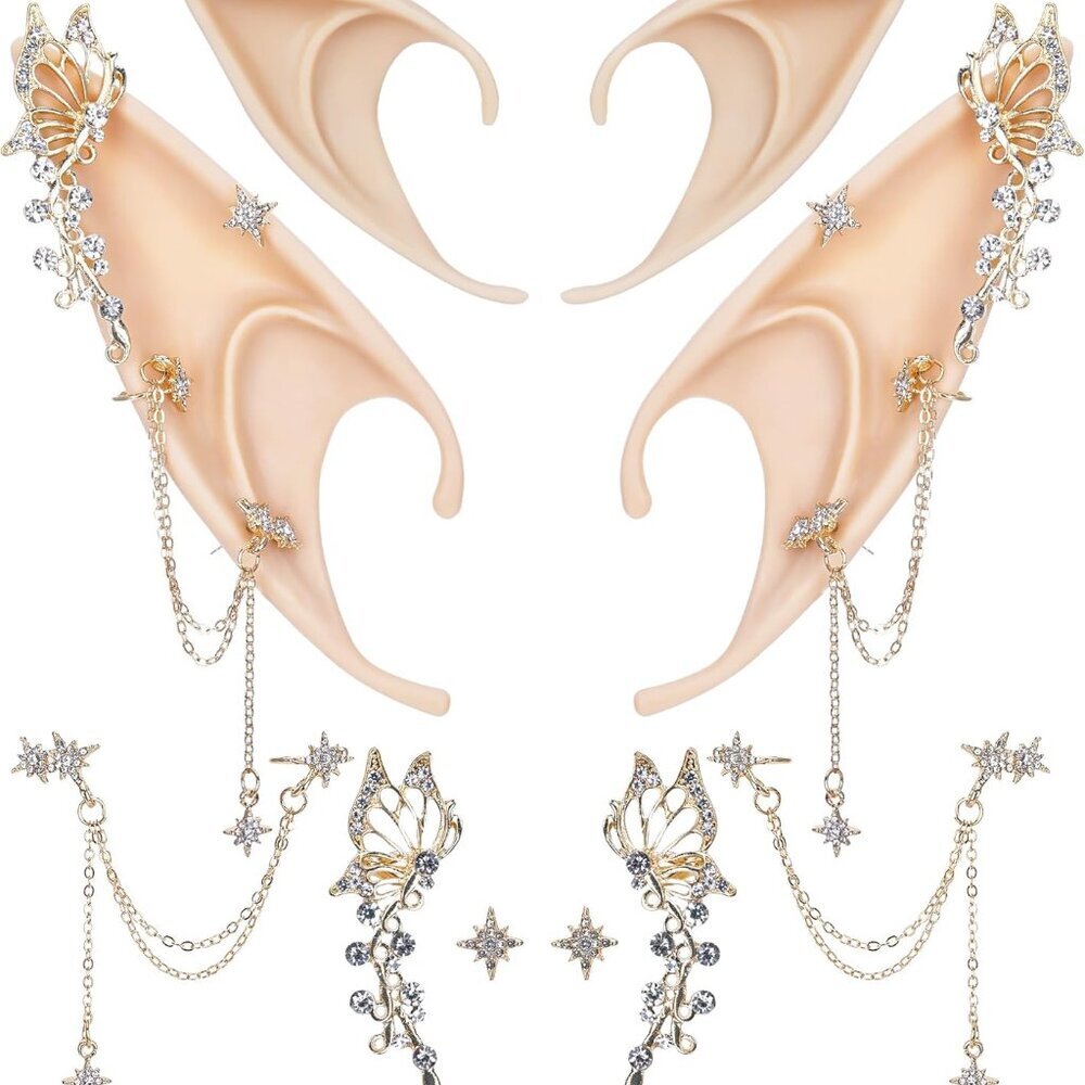 Elf Ears with Piercings - Handmade Fairy Ears with Gold Butterfly Earrings Cuffs
